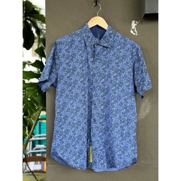 Robert Graham Men’s Medium Blue Abstract Print Short Sleeve Button Down Shirt - Picture 1 of 7